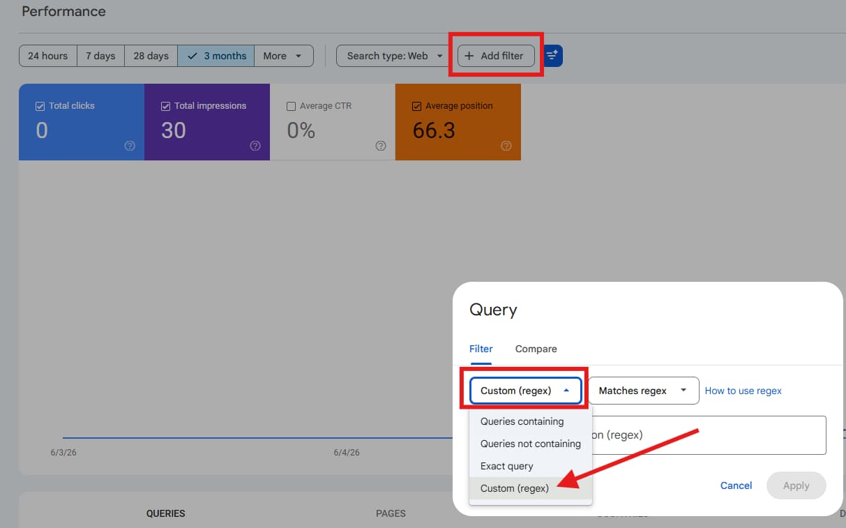 Captura de pantalla del panel de filtros de Google Search Console mostrando cómo hacer clic en el botón + Add filter y seleccionar la opción Custom (regex) para aplicar expresiones regulares personalizadas